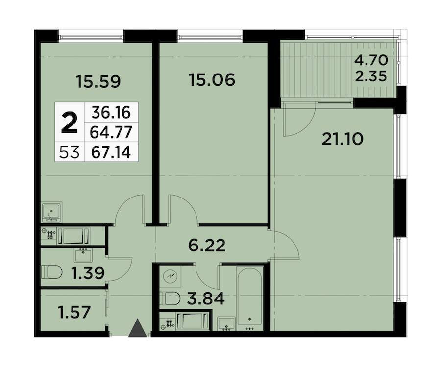 2-комнатная квартира 67.14 м², 12/14 эт., ЖК «GloraX City Zanevsky»